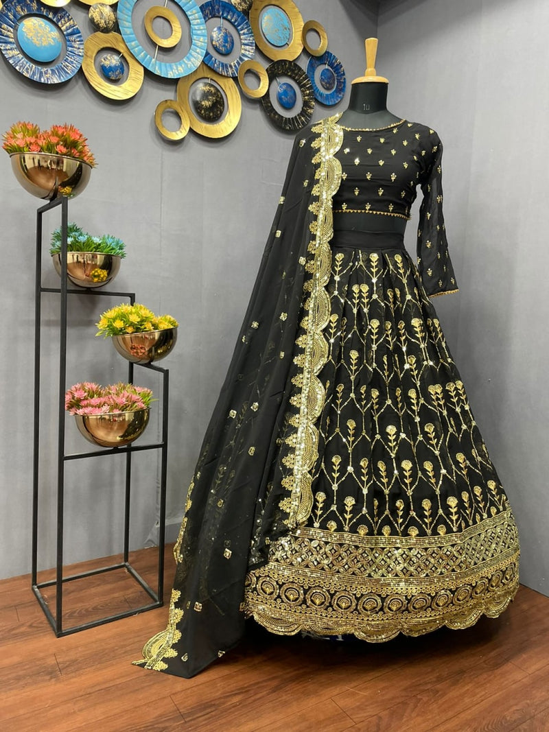 Black Colored Faux Georgette Embroidery Work Lehenga Choli