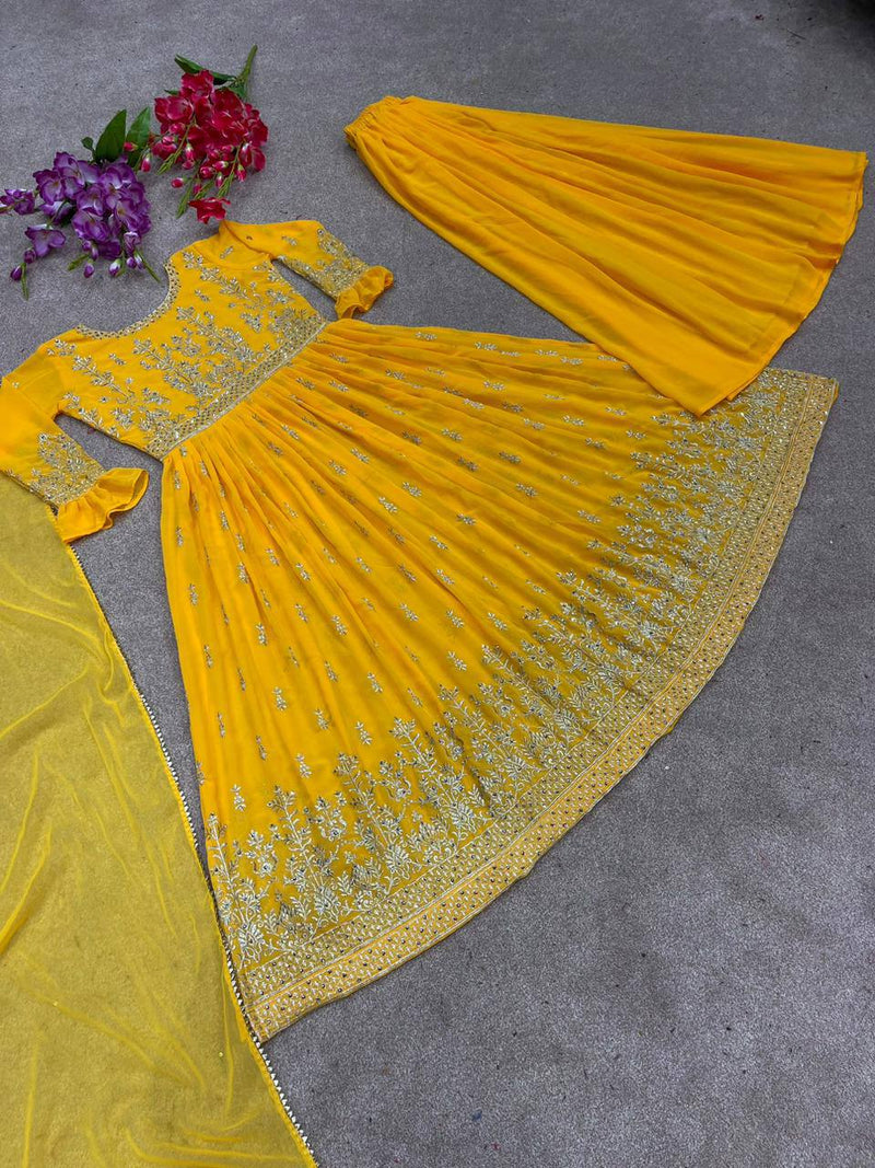 Yellow Heavy Faux Georgette With Embroidery Work  For Women